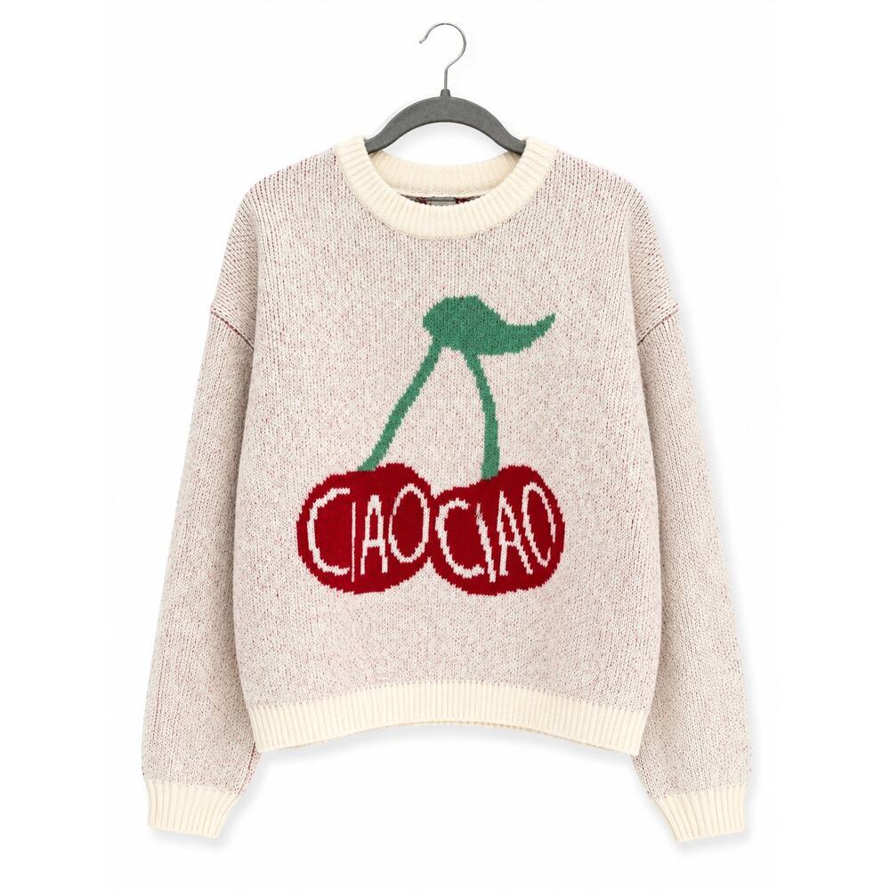 A New Day Cherry Graphic Sweater Women’s Medium Cream Knit Pullover Cozy Cute - Picture 1 of 12